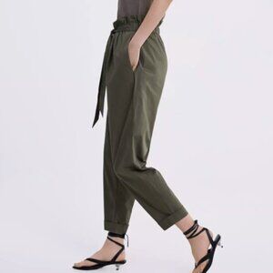 Zara Paperbag Pants Tie Waist Lightweight Ankle Cropped Olive Green XS